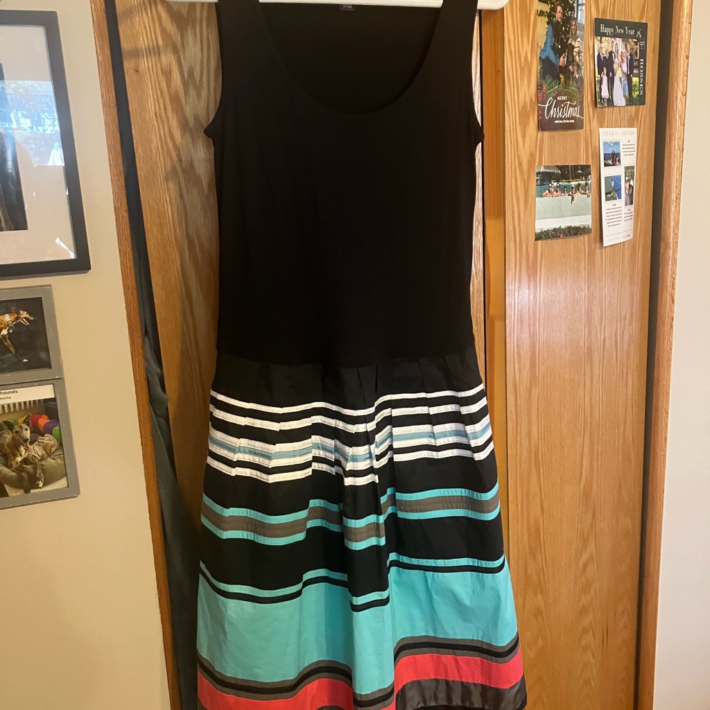 Dkny Black And Striped Fit And Flare Midi Dress With Pockets Size 4 Chic And Fun